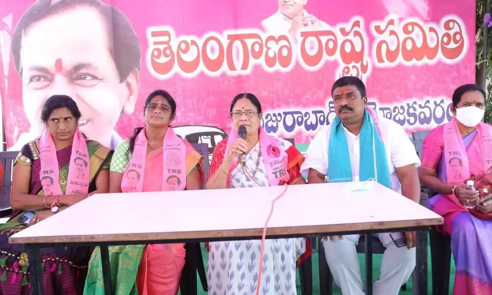MLC Vani Devi Speaking at a press conference at the TRS office in Huzurabad on Thursday