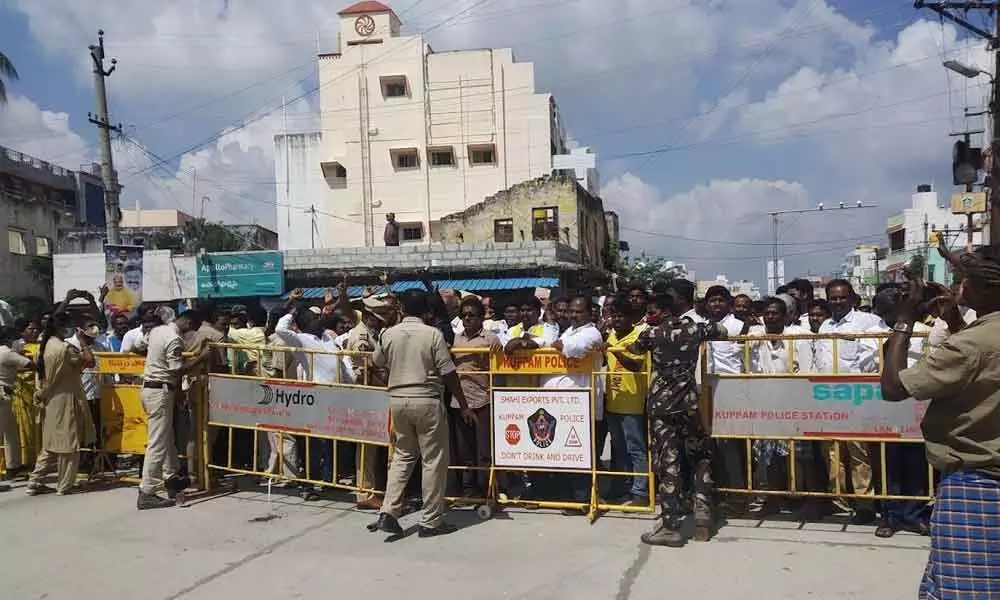 Police erected barricades in Kuppam to prevent a clash between TDP and YSRCP supporters at Kuppam on Friday