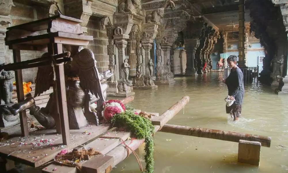 Rainwater inside Thiruvaazmaarban temple at Thirupathisharam near Nagercoil in Kanyakumari district seen recently