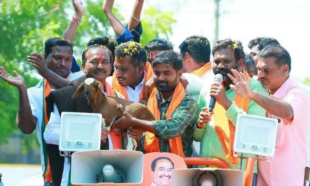 The BJP candidate for Huzurabad by-election, Eatala Rajender, campaigning in Singapur village in the constituency on Saturday