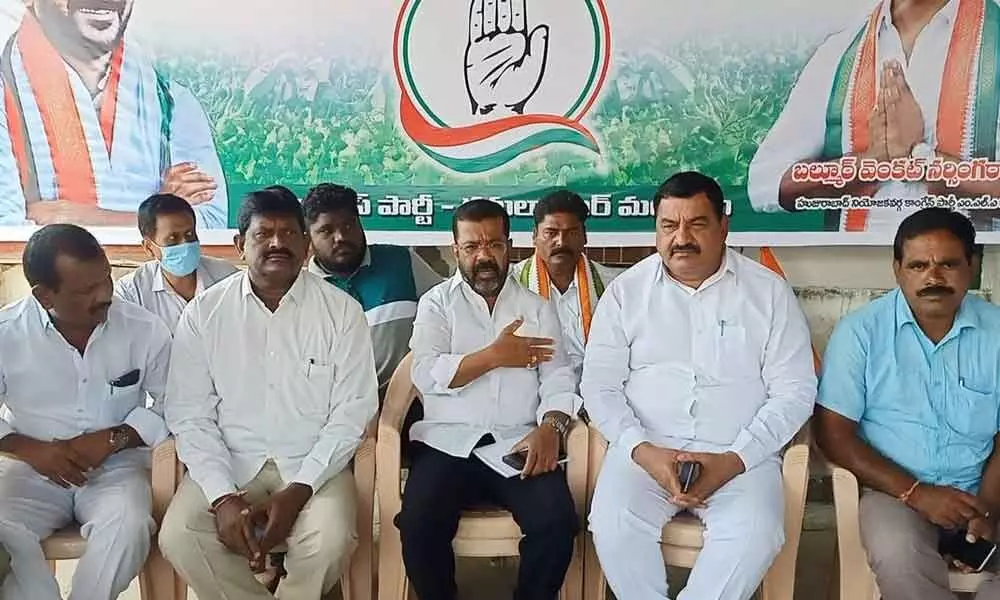 Hanumakonda-Warangal DCC president Naini Rajender Reddy speaking to media persons at Kamalapur mandal headquarters in hanumakonda district on Saturday