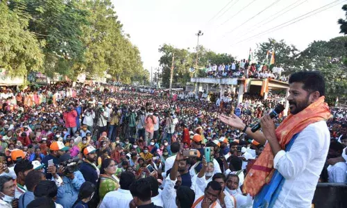 Congress State president A Revanth Reddy addressing an election meeting at Veenavanka in Karimnagar district on Saturday