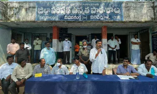 MLA Beeram Harshavardhan Reddy speaking in a programme at ZPHS school in Kalwaralla village of Veepanagandla mandal on Saturday