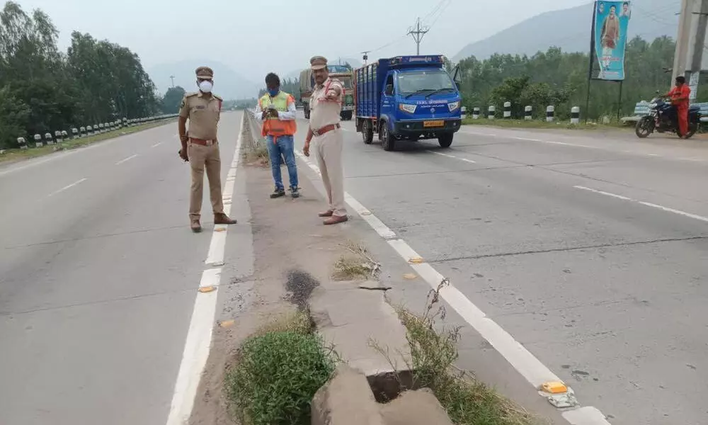 A damaged portion of the median which is accident-prone at the National Highway at Anakapalle.