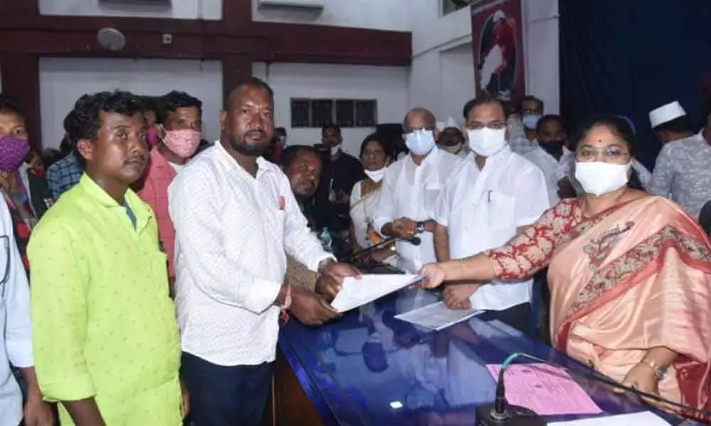 Tribes of Kotia villages submitting a memorandum to Ditrict Collector A Surya Kumari in Vizianagaram