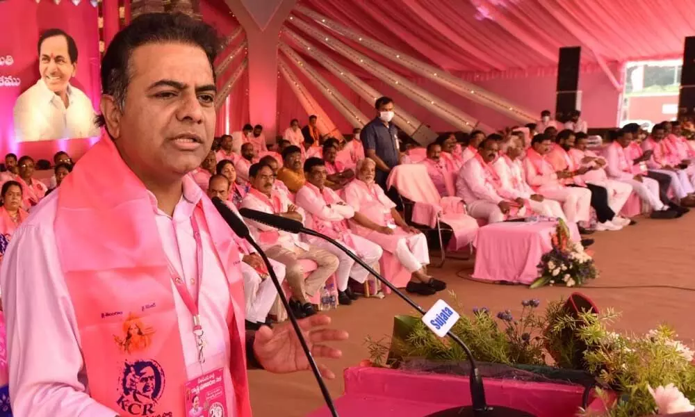 TRS working president KTR speaking on resolution on ‘Administrative reforms in State’, at party plenary in Hyderabad on Monday