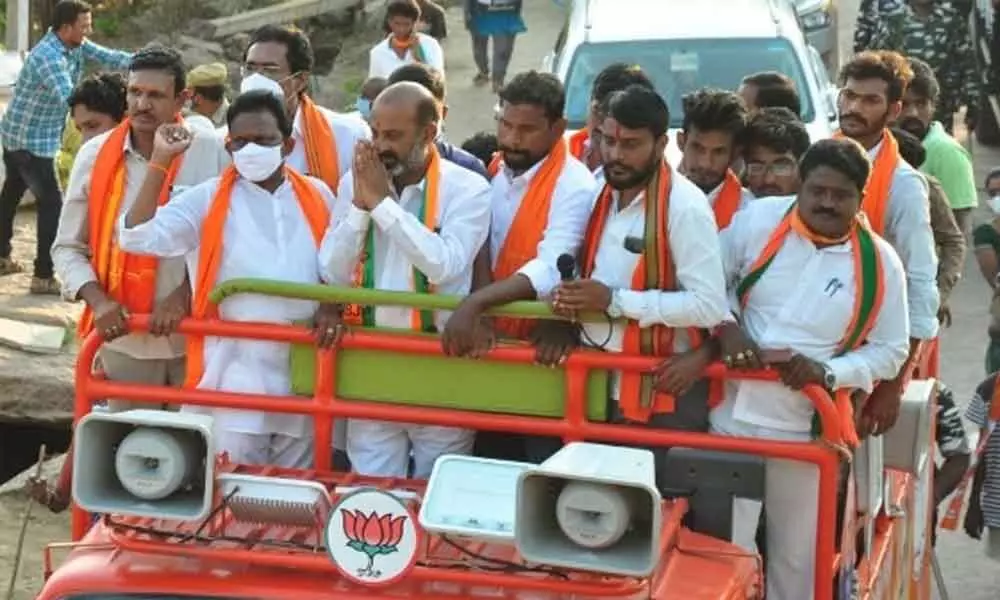 BJP State president Bandi Sanjay Kumar during an election campaign in Veenavanka mandal of Huzurabad constituency on Monday