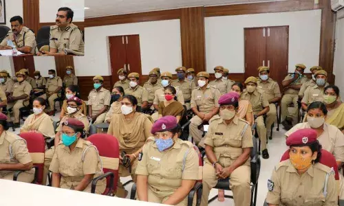 APSP Battalions and FAC Home Guards ADGP Shankha Brata Bagchi and SP M Ravindranath Babu addressing the Home Guards Darbar in Kakinada on Monday