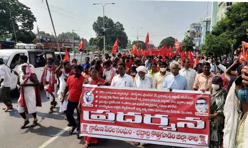 OFTRP leaders and tribals participating in a protest rally in Bhadrachalam on Monday