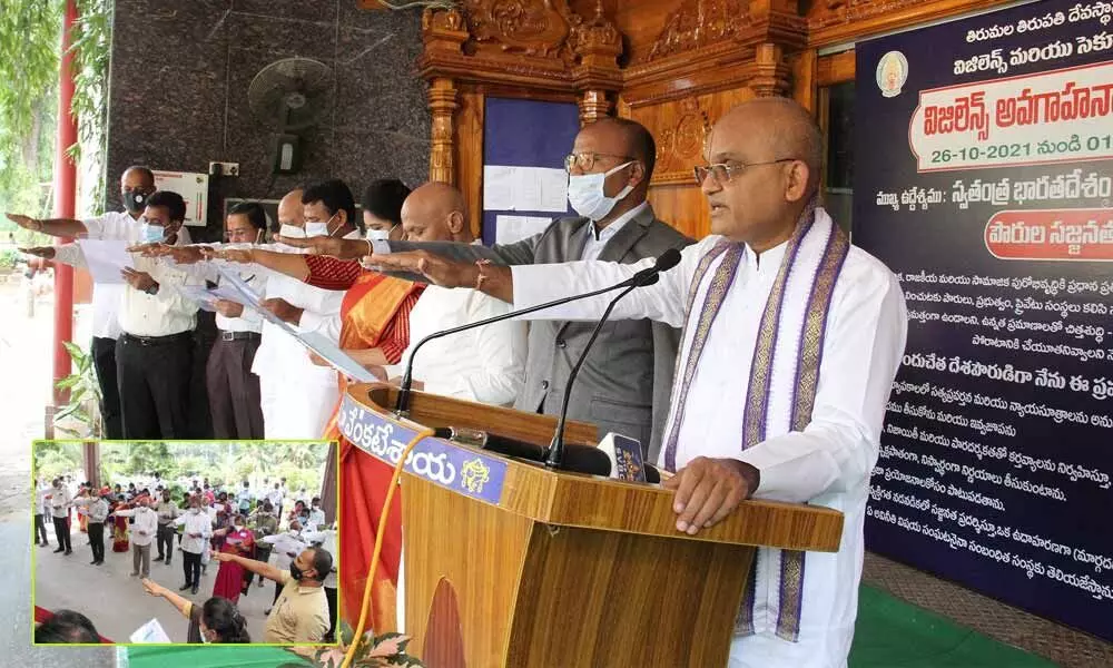 TTD EO K S Jawahar Reddy administering oath to the staff at the inauguration of the Vigilance Awareness Week in Tirupati on Tuesday