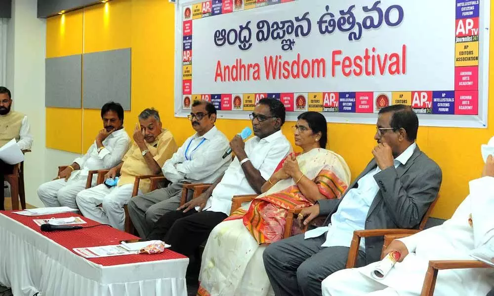 Justice Chalameswar speaking at Andhra Wisdom Festival jointly organised by Andhra Arts Academy and the AP Editors Association in Vijayawada on Wednesday
