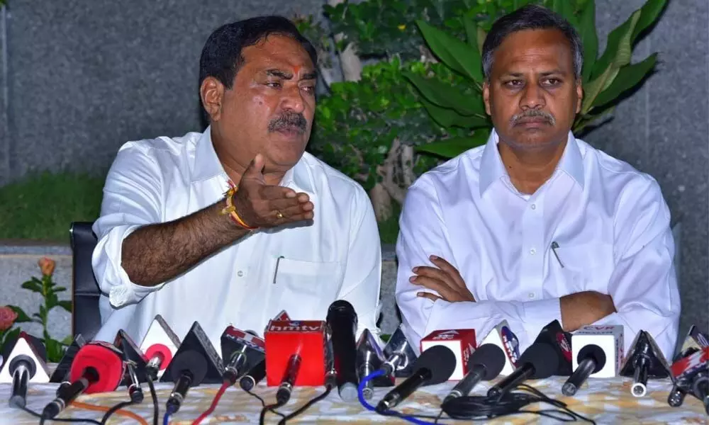 Minister for Panchayat Raj Errabelli Dayakar Rao (left) speaking to media persons in Hanumakonda on Thursday. Rythu Bandhu Samithi State chairman Palla Rajeshwar Reddy is also seen