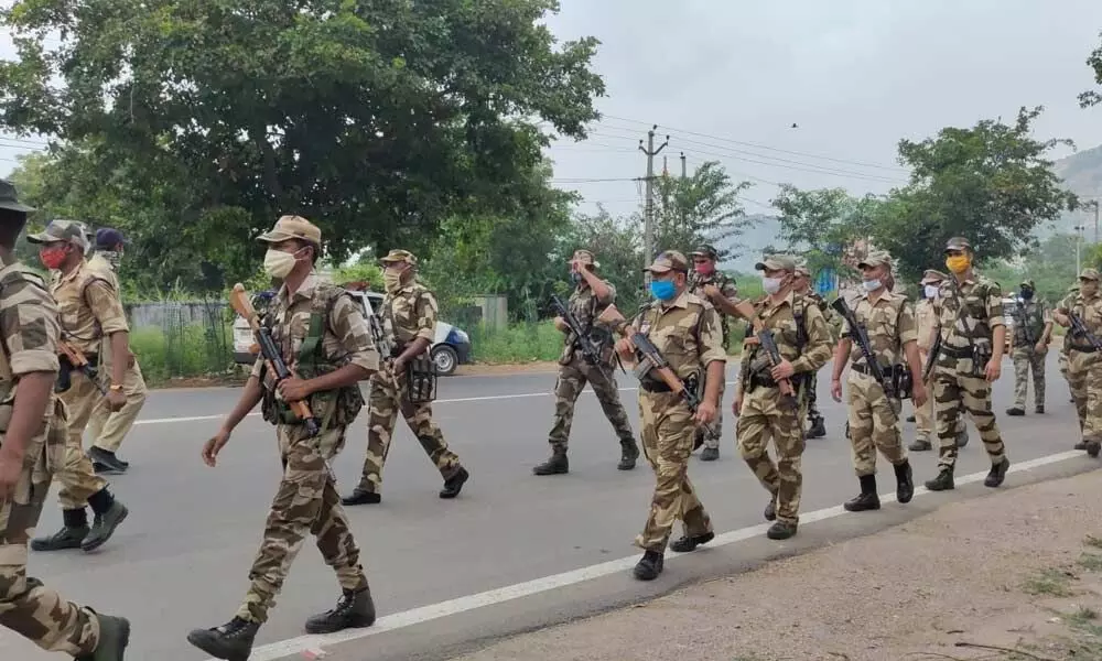 Central para-military forces taking position in the bypoll-bound Huzurabad Assembly constituency on Thursday. Huzurabad is going to polls on Saturday