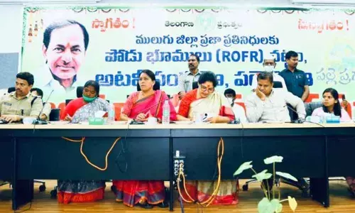 Minister for Tribal Welfare Satyavathi Rathod, Mahabubabad MP Maloth Kavitha, Mulugu Collector Krishna Aditya and MLA Seethakka at a meeting in Mulugu on Saturday
