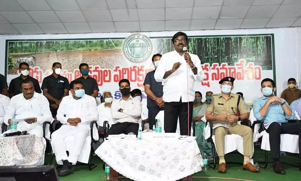 Minister for Transport Puvvada Ajay Kumar addressing officials at a review meeting on the Podu land issue in Kothagudem on Sunday