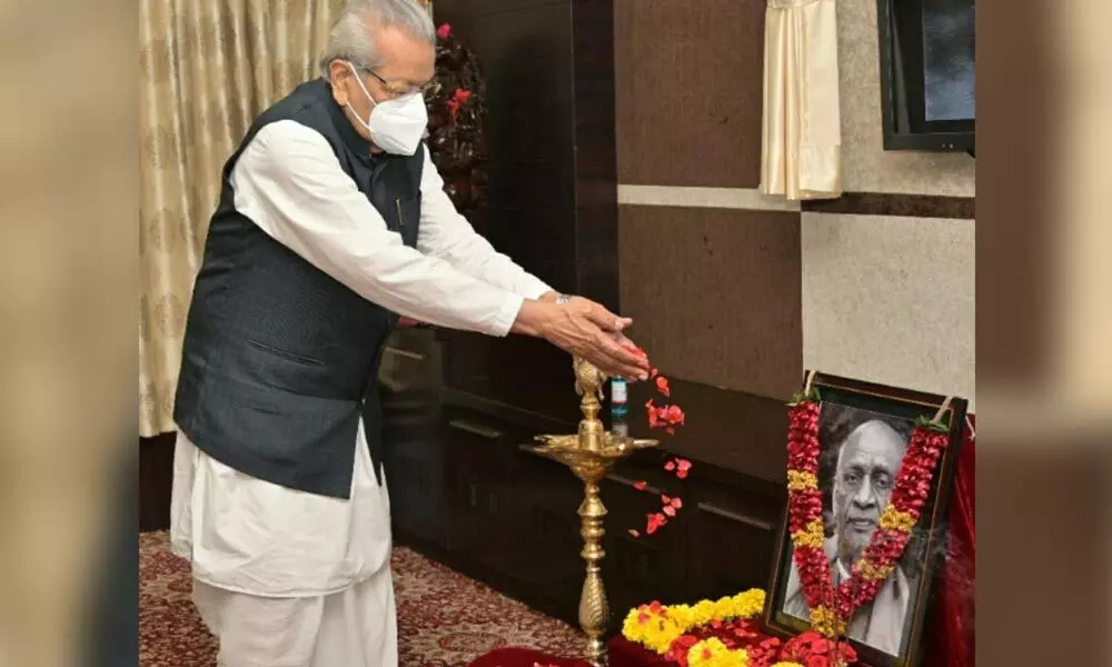 Governor  Biswa Bhusan Harichandan  paying floral tributes to Sardar Vallabhbhai Patel on the occasion of his birth anniversary at Raj Bhavan in Vijayawada on Sunday