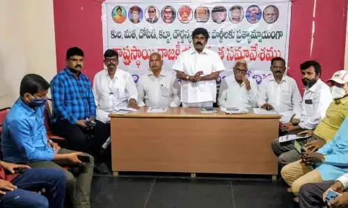 Andhra Bahujana Prajavedika president Ampavatini Govindu speaking at the meeting in Ongole on Sunday