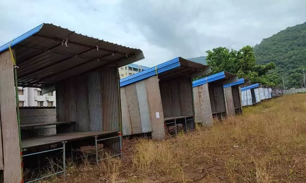 A row of stalls set up at Gopalapatnam for the sale of firecrackers in Visakhapatnam