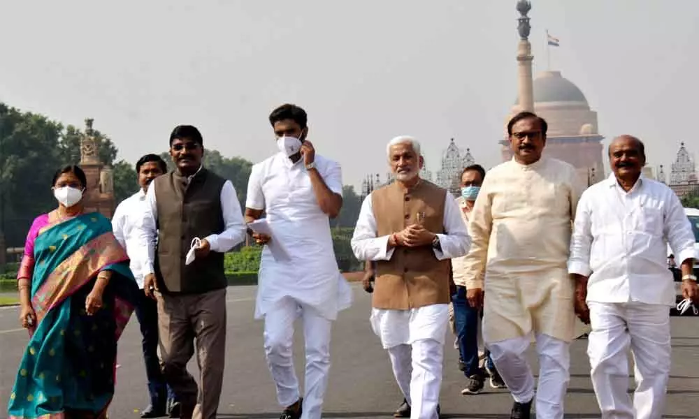 YSRCP MPs coming out after submitting a representation against TDP to the President Ram Nath Kovind  in New  Delhi on Tuesday