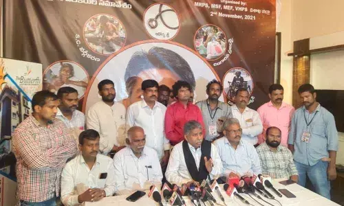 MRPS founder president Manda Krishna Madiga addressing media in Visakhapatnam on Tuesday
