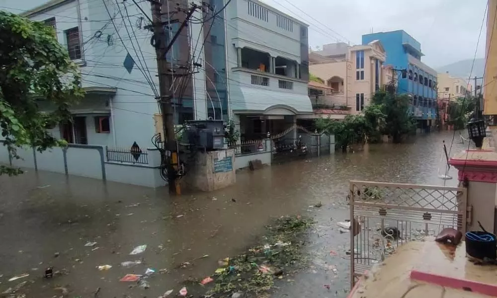 The waterlogged residential area in Madhura Nagar