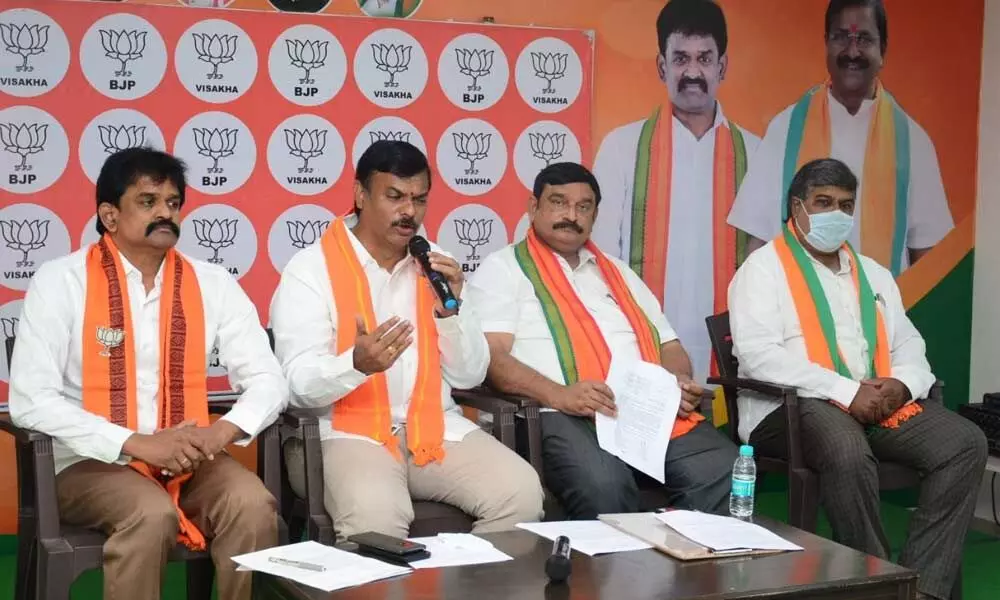 BJP MLC PVN Madhav speaking at a media in Visakhapatnam on Wednesday