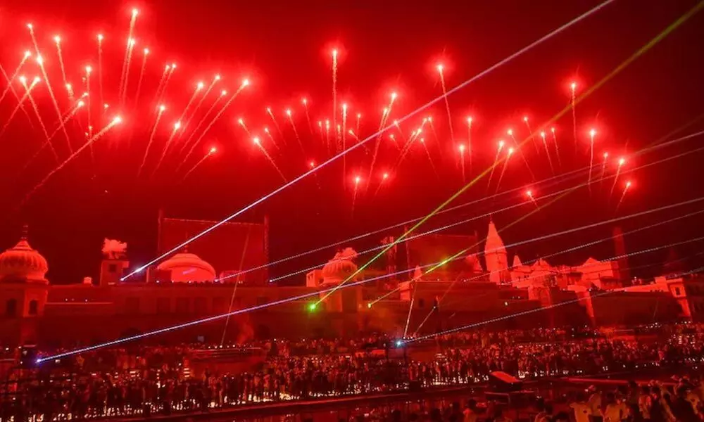 A laser and fireworks show on the banks of the Saryu in Ayodhya.