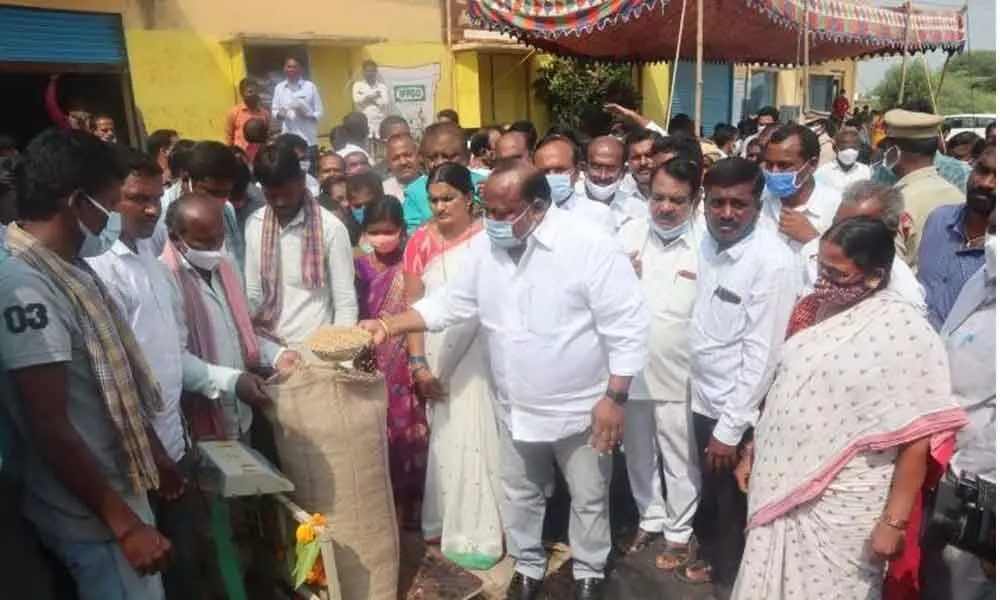 Minister G Kamalakar inaugurated a paddy procurement centre at Durshed in Karimnagar rural mandal on Friday