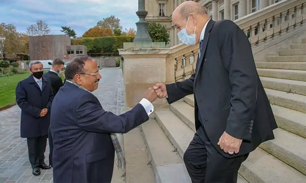 NSA Ajit Doval with French Foreign Minister Jean-Yves Le Drian during his visit to France