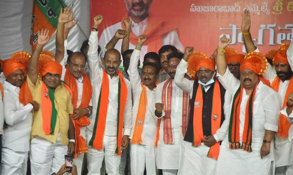 Union Minister for Tourism and Culture G Kishan Reddy, State BJP chief Bandi Sanjay Kumar, Huzurabad MLA-elect Eatala Rajender and party leaders