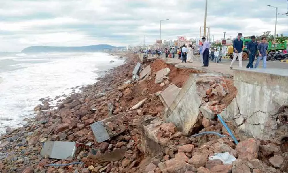 A section of beach road in Visakhapatnam collapsed on December 31, 2014 due to coastal erosion