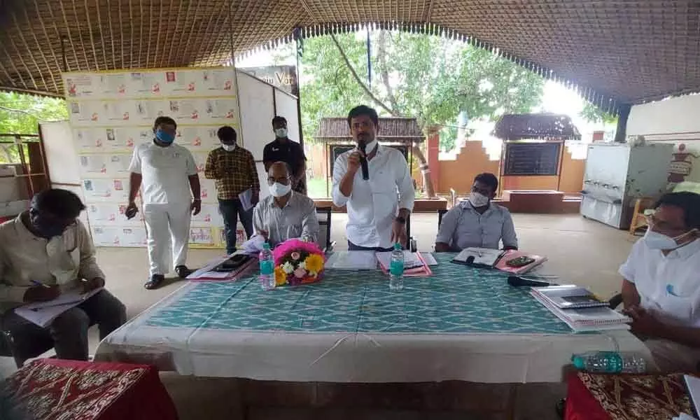 MP Dr M Gurumoorthy holding a review meeting with the officials of tourism, endowment and other departments in Tirupati on Saturday. Joint Collector (Aasara and Welfare) N Rajasekhar is also seen