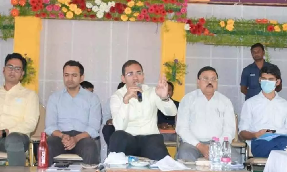 District Collector Musharraf Ali Farooqui addressing officlas on the Podu land review meeting in Nirmal on Saturday