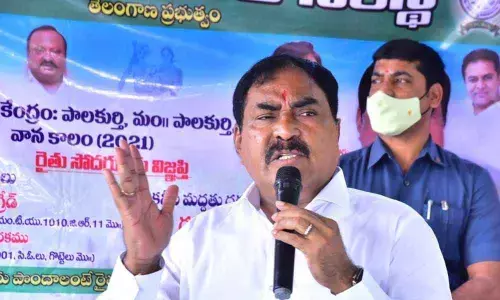 Panchayat Raj Minister Errabelli Dayakar Rao speaking after inaugurating paddy procurement centre at Dardepally village in Jangaon on Saturday
