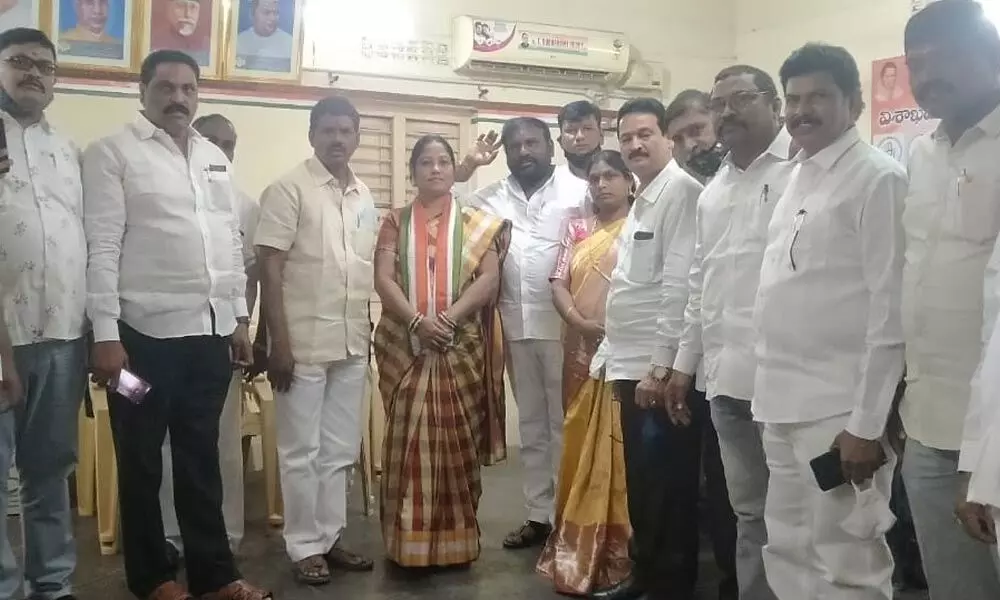 Congress candidate after withdrawing nominations from GVMC by-polls in Visakhapatnam on Monday