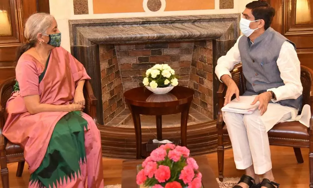 AP finance minister Buggana Rajendranath Reddy calls on Union finance minister Nirmala Sitharaman in New Delhi on Monday