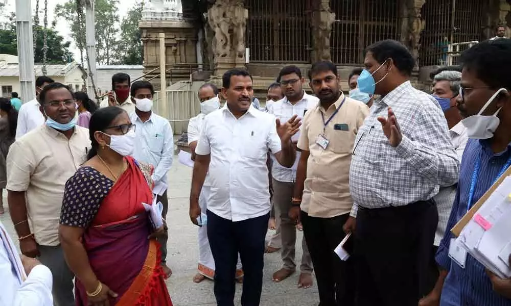 TTD JEO Veerabraham and ASI official Satyam holding a review on development works at Sri Kalyana Venkateswara Swamy temple at Srinivasa Managapuram on Tuesday