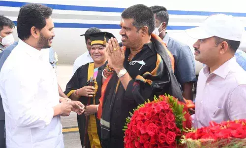 Chief Minister YS Jagan Mohan Reddy accorded a warm welcome at Visakhapatnam Airport by Ministers and other officials on Tuesday