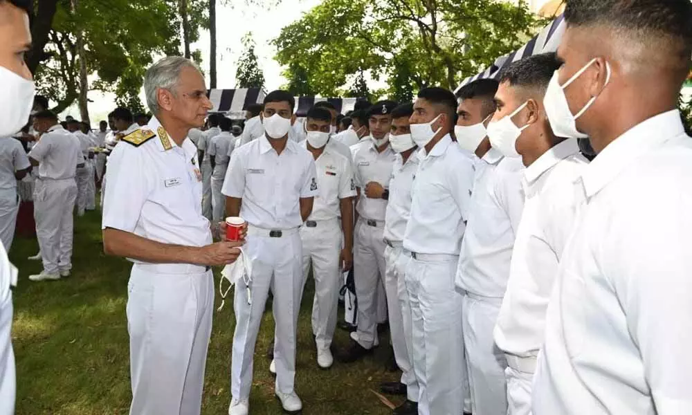 Chief of the Naval Staff (CNS) Admiral Karambir Singh interacting with officers, sailors and defence civilians of the ENC on Wednesday