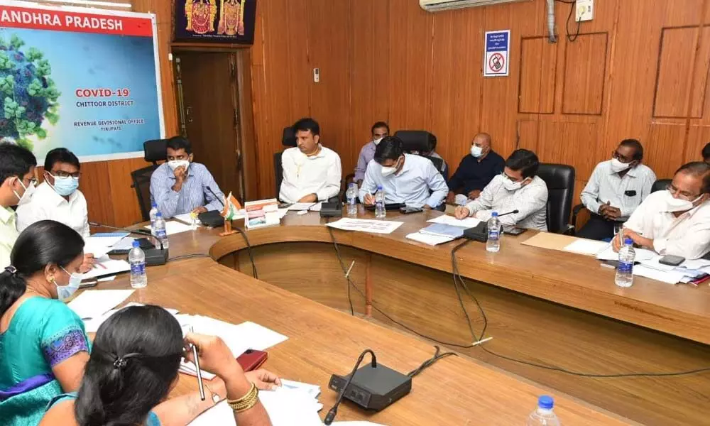 Chittoor district collector M Hari Narayanan reviewing the arrangements for the Southern Zonal Council Meeting in Tirupati on Wednesday. Tirupati Municipal commissioner P S Girisha, joint collector Raja Babu and others are also seen.