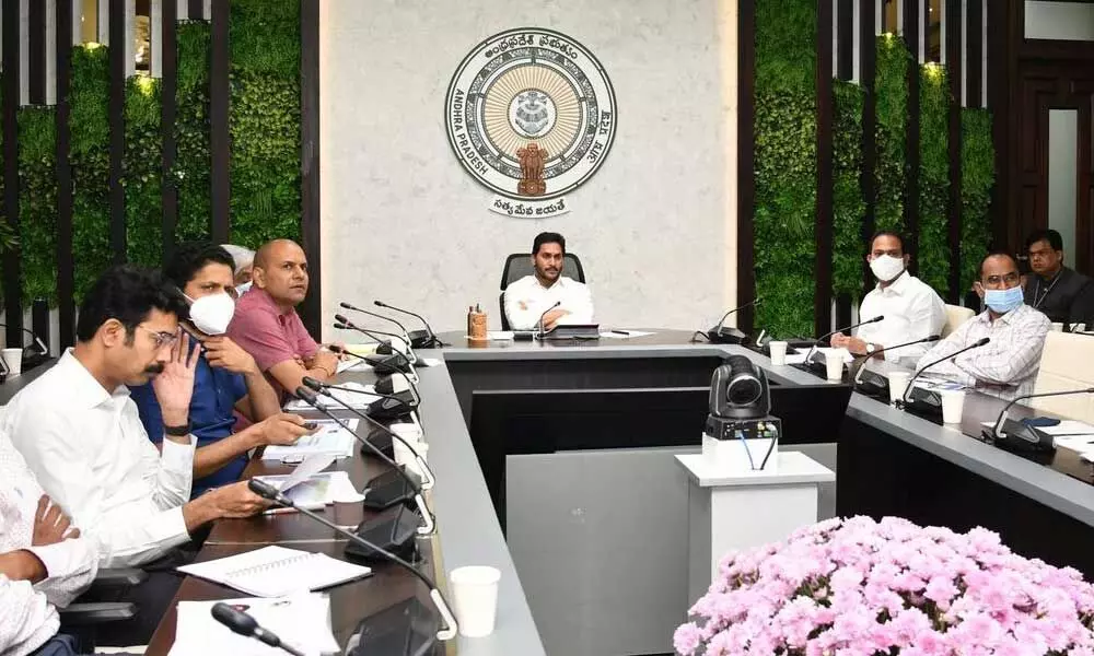 Chief Minister Y S Jagan Mohan Reddy holding a review with the officials of medical and health department at his camp office in Tadepalli on Wednesday