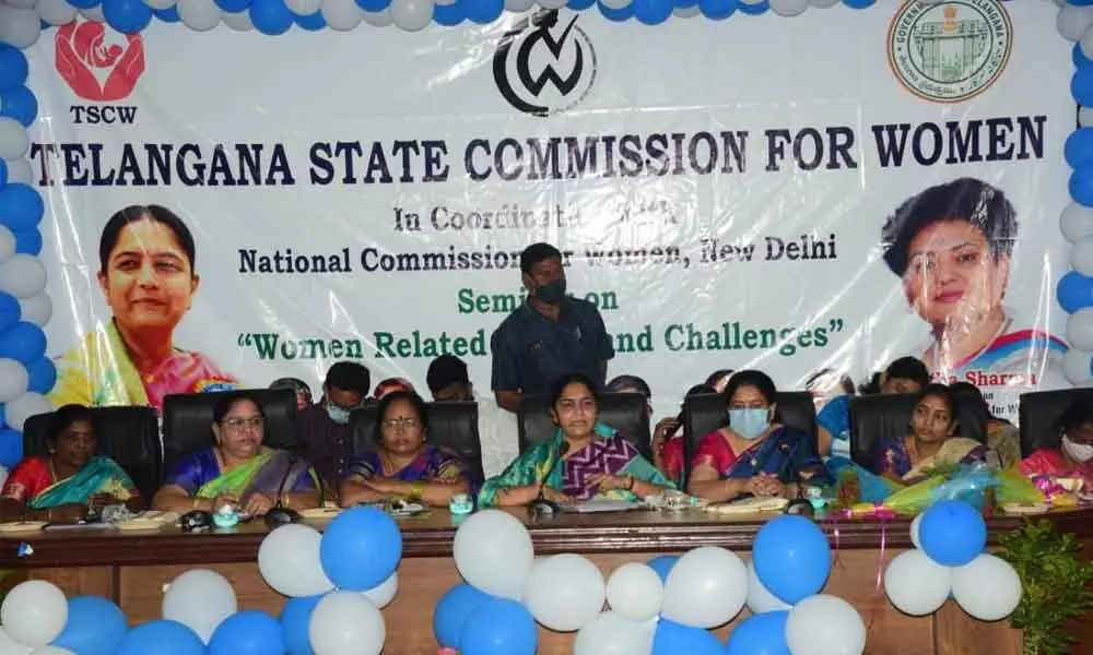 State Womens chairman Sunita Laxma Reddy speaking at a seminar in Mahabubangar on Wednesday