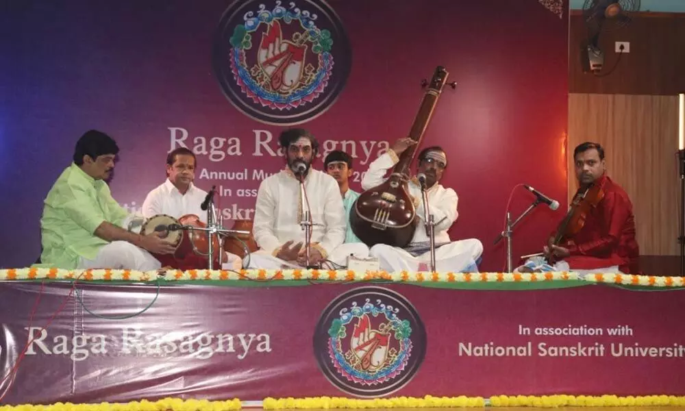 Vocal duet Malladi brothers singing at Raga Rasagnya’s annual music festival in Tirupati on Wednesday