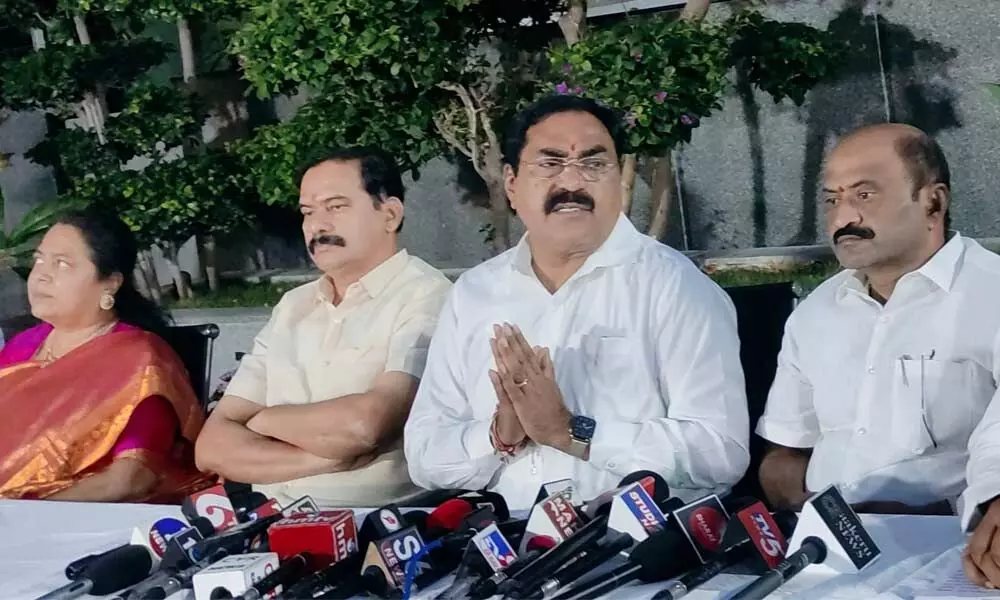 Minister for Panchayat Raj Errabelli Dayakar Rao speaking to media persons in Hanumakonda on Thursday