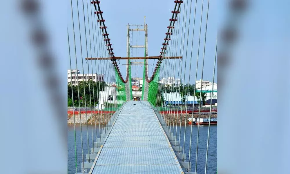 Suspension bridge nearing construction at Lakaram tank bund in Khammam
