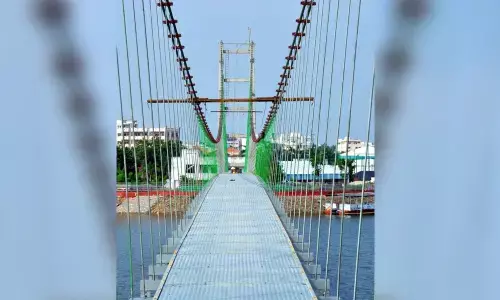 Suspension bridge nearing construction at Lakaram tank bund in Khammam