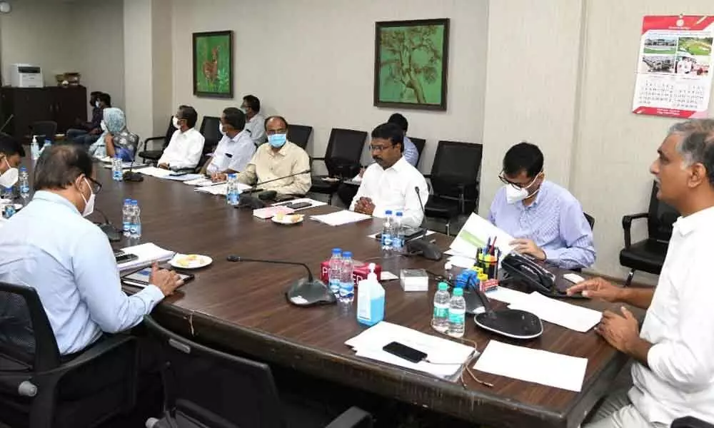 Health Minister Harish Rao in a video conference with District Collectors, Medical & Health Officers on Saturday