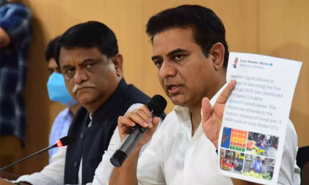 MAUD Minister KT Rama Rao addressing the media in Hyderabad on Saturday Photo: Srinivas Setty