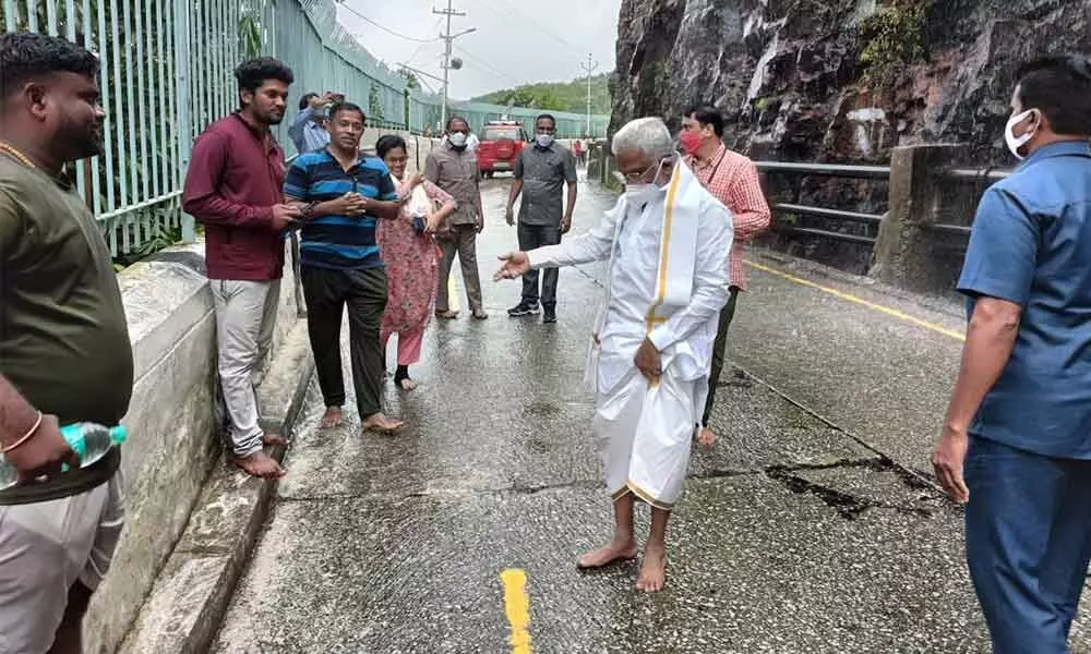 TTD Chairman Y V Subba Reddy inspecting the first ghat road in Tirumala on Monday