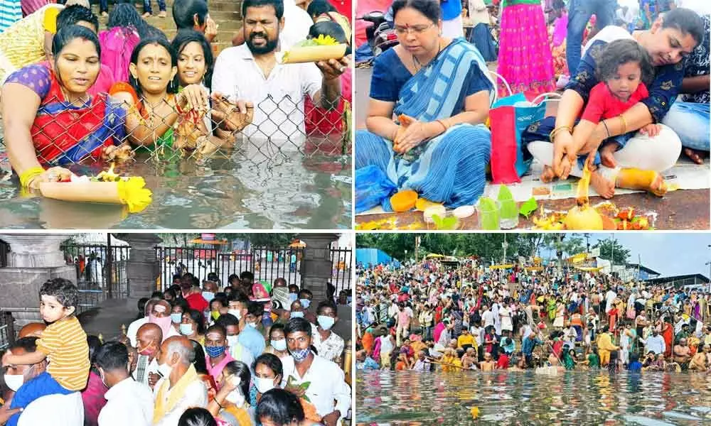 Devotees lit Karthika Deepams and leave them in Krishna waters on Monday; Huge turnout of devotees throng Srisailam temple to mark the second Karthika Somavaram.